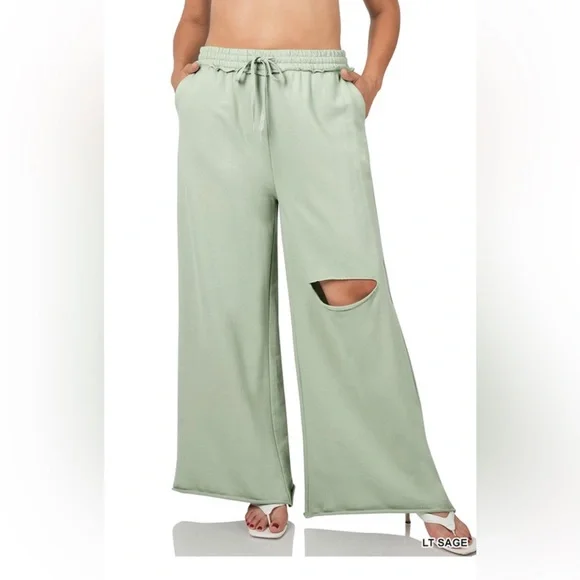 NWT! Plus Light Green French Terry Laser Cut Drawstring Pockets Wide-Leg Pants - Picture 2 of 3